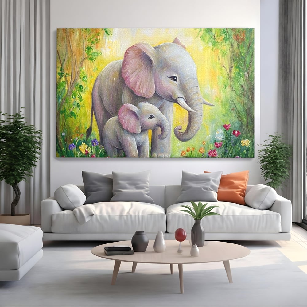Tablou canvas cu pictura cu doi elefanti intr-o gradina, fara rama, pe sasiu de lemn, pe perete intr-un living
